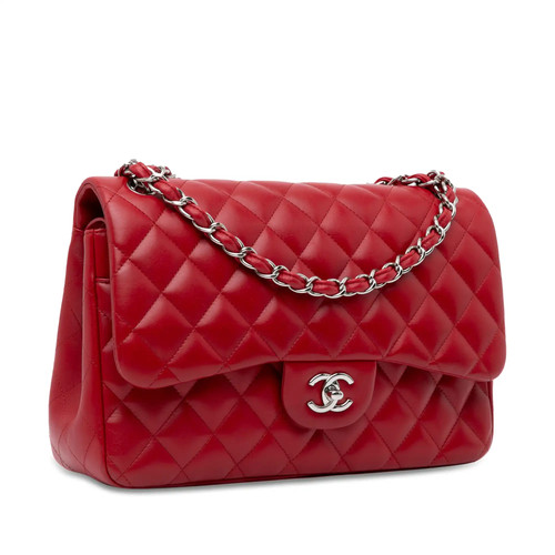 hj27 Pre-Owned Chanel Jumbo Classic Lambskin Double Flap Red Shoulder Bag