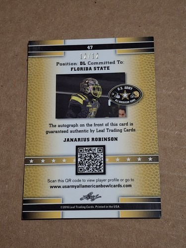 2016 JANARIUS ROBINSON LEAF ARMY AUTOGRAPHED AUTO NFL ROOKIE CARD RC /12 #47 - Picture 2 of 3