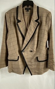 Halogen Women's Blazer Tan Windowpane Double Breasted Fringe Trim NWT Sz 2X