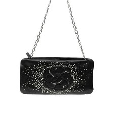 Chanel Black Satin Camellia Crystal Clutch Chain Evening Bag