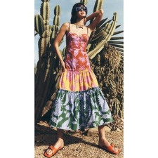 Farm Rio Tropical Print Tiered Midi Dress Rainbow Floral Smocked Bust