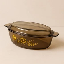 Vintage Amber Glass Covered Casserole Dish 9" Yellow Daisy Flowers 3" Deep