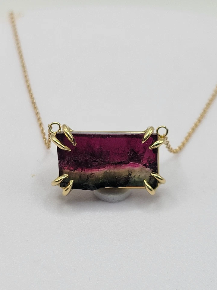 Watermelon Tourmaline Slice Pendant 14k solid yellow gold 20x12mm - Image 4 of 4