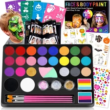 Kids Face Painting Kit, 24 Colors Water Based Non-Toxic Paint, Brushes & Stencil