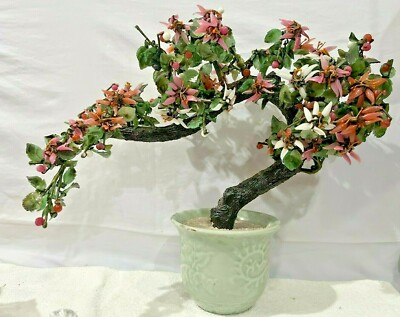 XL Jade Like Flower Pink Glass Asian Bonsai Tree 16" long Good Luck Celadon  Pot | eBay