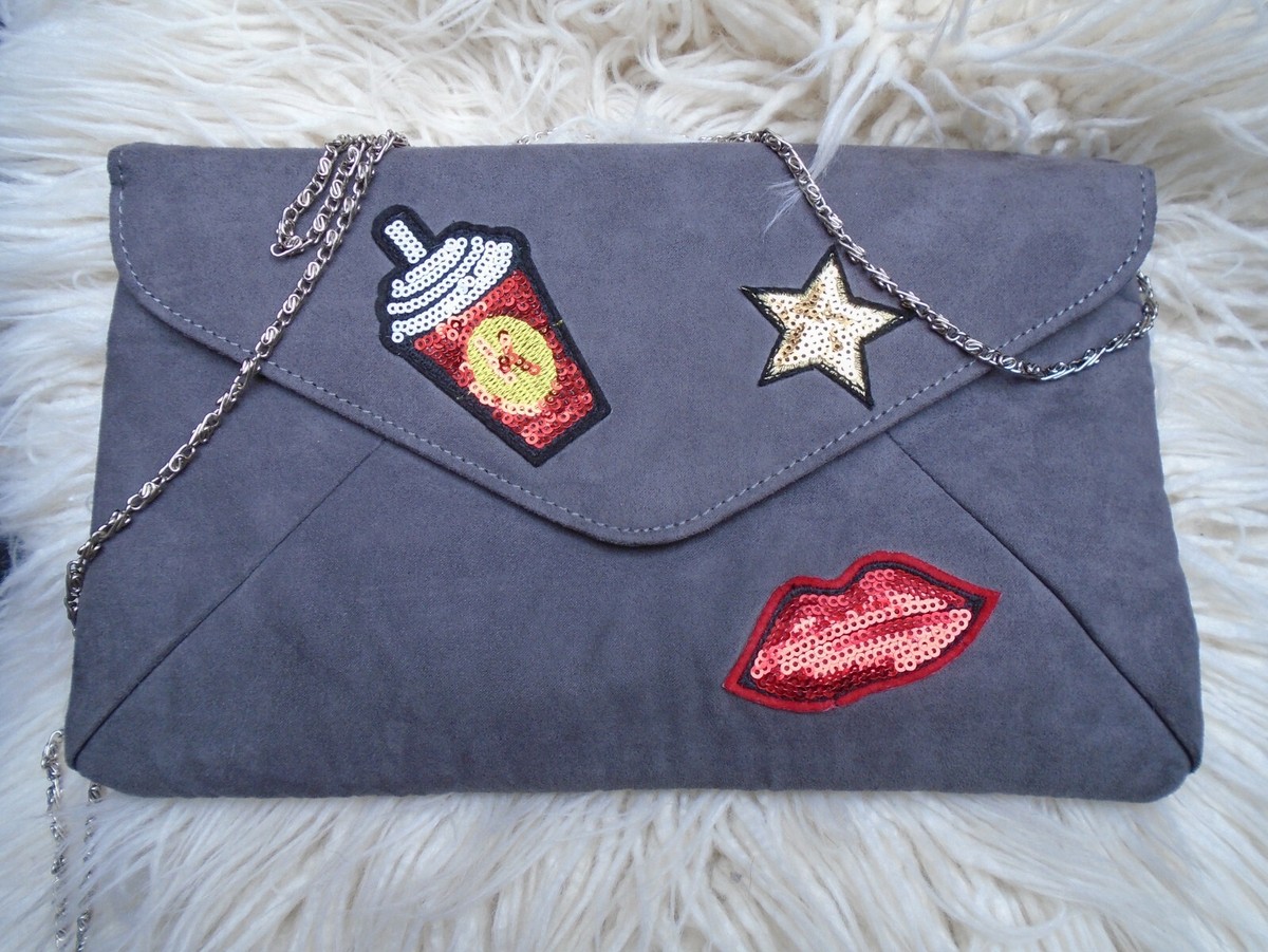 KOKO Faux Suede Grey Envelope Clutch/Shoulder Bag with Sequin
