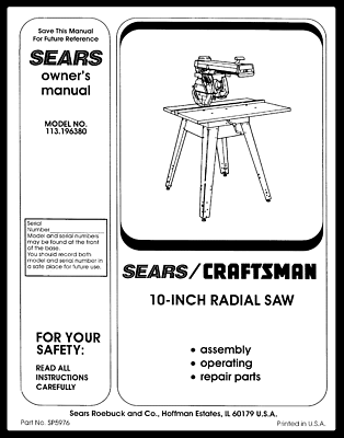 #ad Sears Craftsman 10quot; Radial Saw 113.196380 Instruction Manual: 80 Pages $19.95