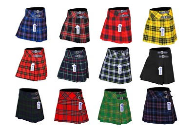 Ladies, Girls Tartan Pleated Billie Kilt Skirt Leather Buckled Straps 16'' Drop