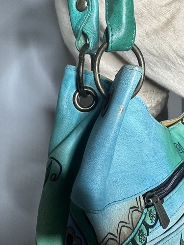 Borsa a mano Anuschka in pelle dipinta a mano - Nuova con etichette - Viola e fiori d'acqua - Foto 17 di 19