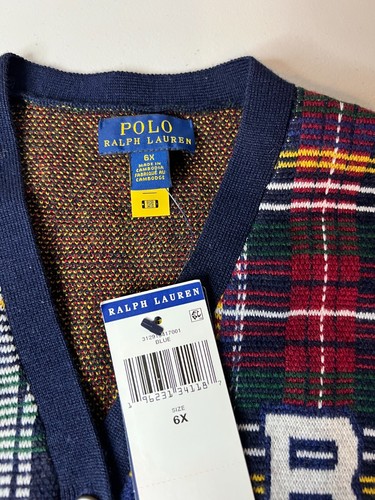 Polo Ralph Lauren Cardigan Sweater Kids 6X Plaid Embroidered Logo Button Front - Picture 3 of 6