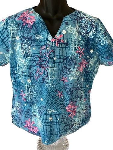 Baby Phat Scrub Top Women's Large Blue White Pink Floral Abstract V-Neck