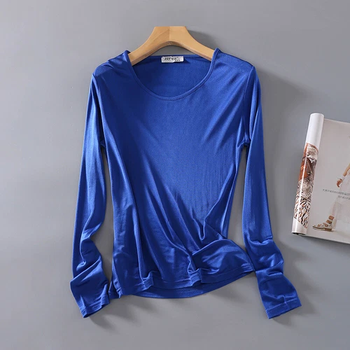 Women  Mulberry Silk Shirt Crew Neck Long Sleeve Bottoming Shirt Breathable Tops - Imagen 13 de 23