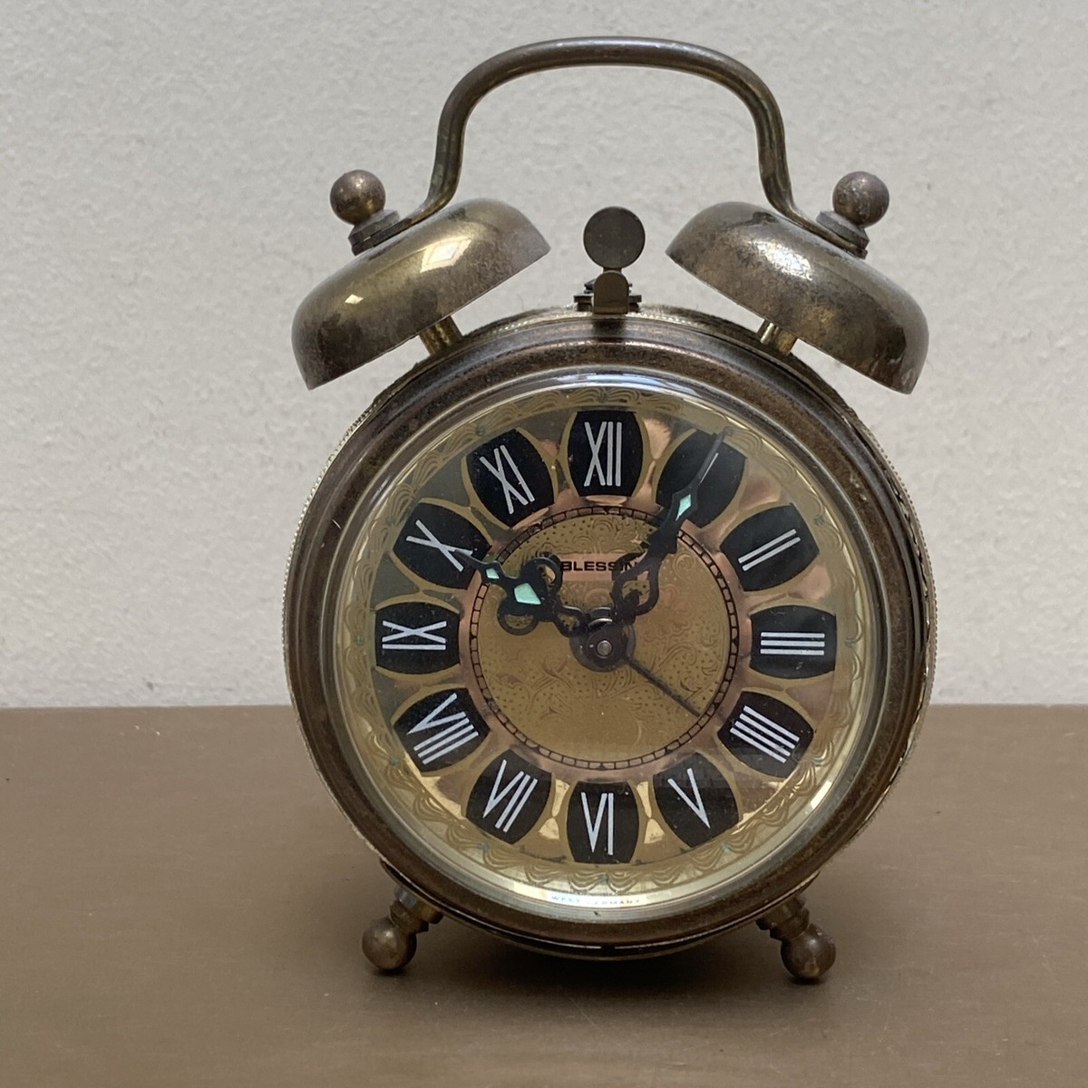 Blessing West German Alarm Clock Vintage Gold Tone Small Working