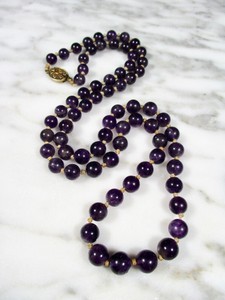 ANTIQUE CHINESE DARK PURPLE AMETHYST BEAD NECKLACE FILIGREE SILVER CLASP