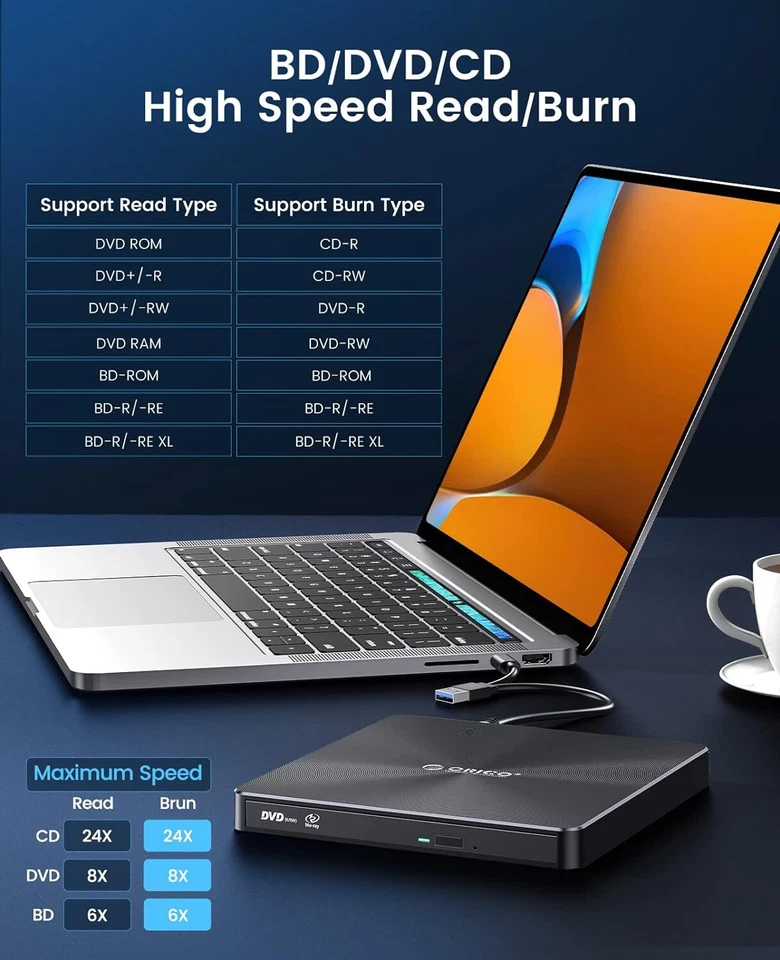 ORICO External Blu-ray Drive USB 3.0 and Type-C Bluray Burner for Laptop PC - Image 4 of 4