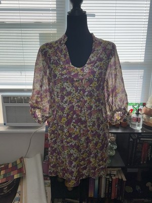ZARA BASIC Purple Yellow Short Dress S Chiffon Floral Ruffle Puff Sleeve