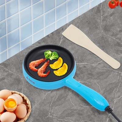 Non-Stick Round Mini Frying Pan Electric Skillet Blue 450W W/ Wooden Spatula NEW