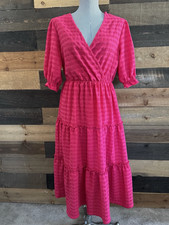 Lark + Grey Hot Pink Midi Maxi Long Dress V Neck Texture Romantic Size M