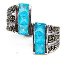 1CT Blue Topaz  Swiss Marcasite 925 Sterling Silver Ring Sz 6,8,9 ZB7