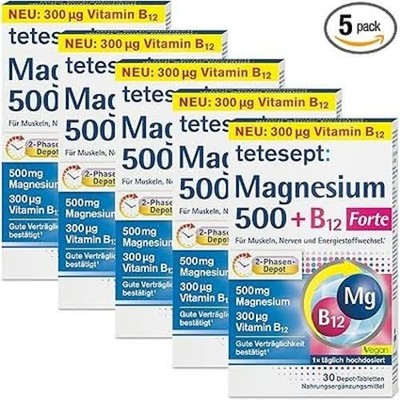 Tetesept Magnesium 500 + B12 Forte - 5 x 30 Tabletten   Vegan
