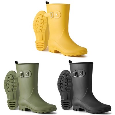 HISEA Women's Waterproof Rain Boots Mid Calf Rubber Boots Buckle Wellington Boot