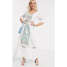 ASOS Women's White Embroidered Tiered Maxi Dress With Lace Inserts