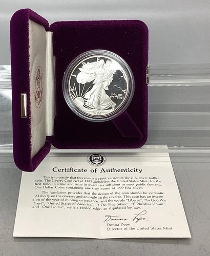 1986 S Proof American Silver Eagle - With Box & CoA