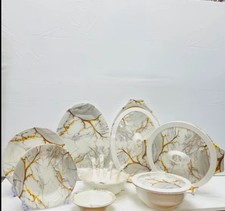 27 Piece Melamine Dinnerware Set white marble Plates Bowls & Serving Dishes