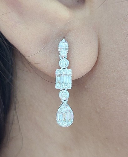 Deal! 0.80CTW Genuine Baguettes Diamonds Drop Dangling Earrings in 14K Gold 25mm - Picture 3 of 12