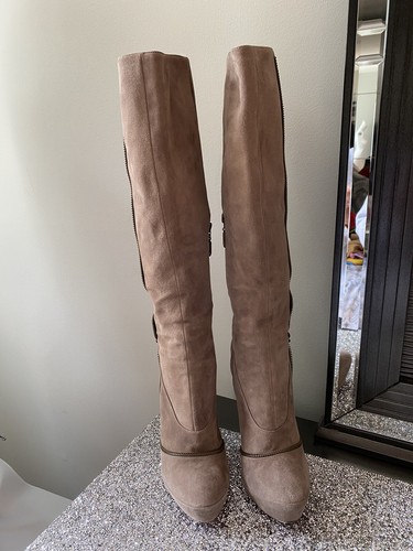 $1,200 CESARE PACIOTTI High Suede Beige Platform Zipper Boots Size 38.5 - Picture 2 of 11