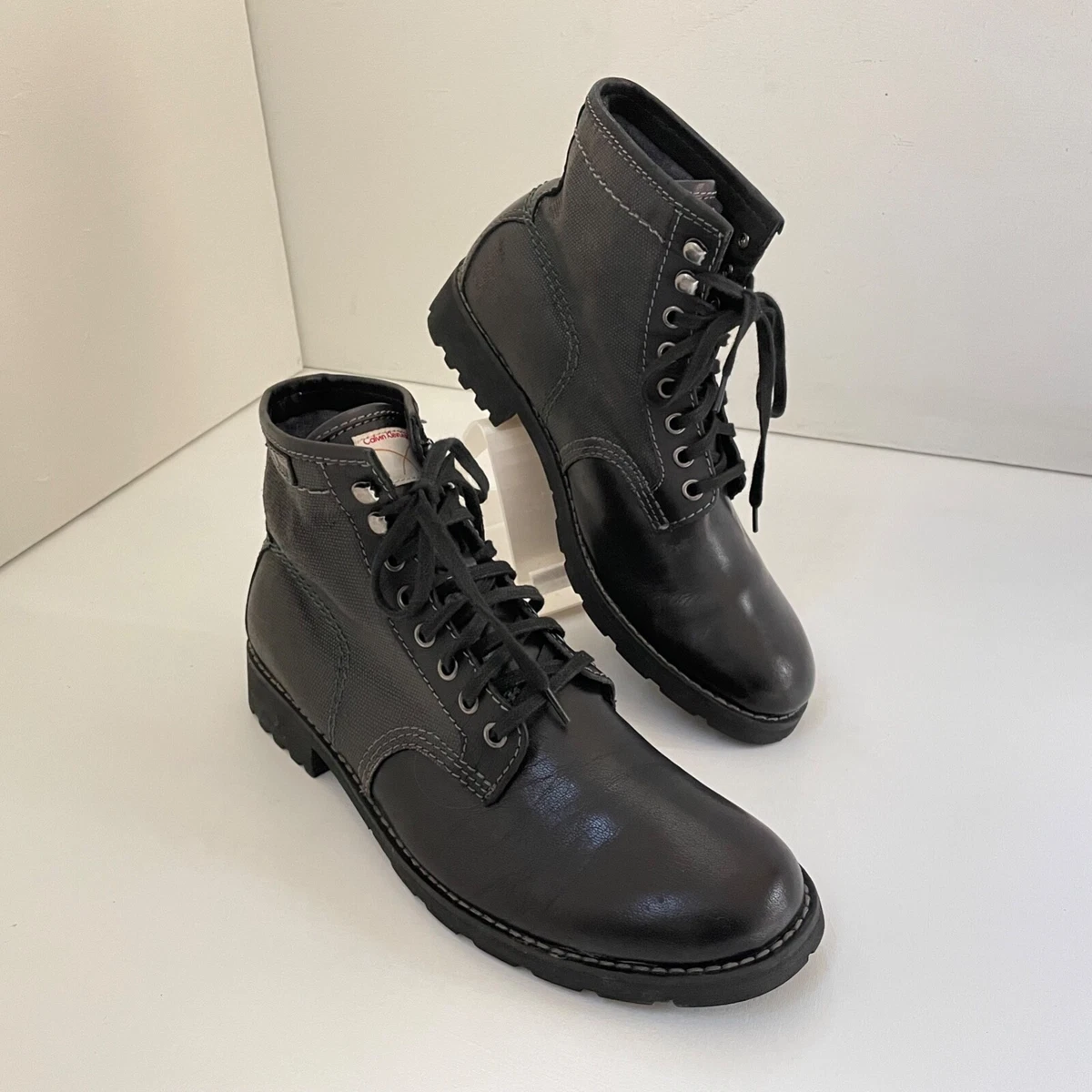 Calvin Klein Trevor Boots Lace Ups Block Heel Canvas Tumbled 