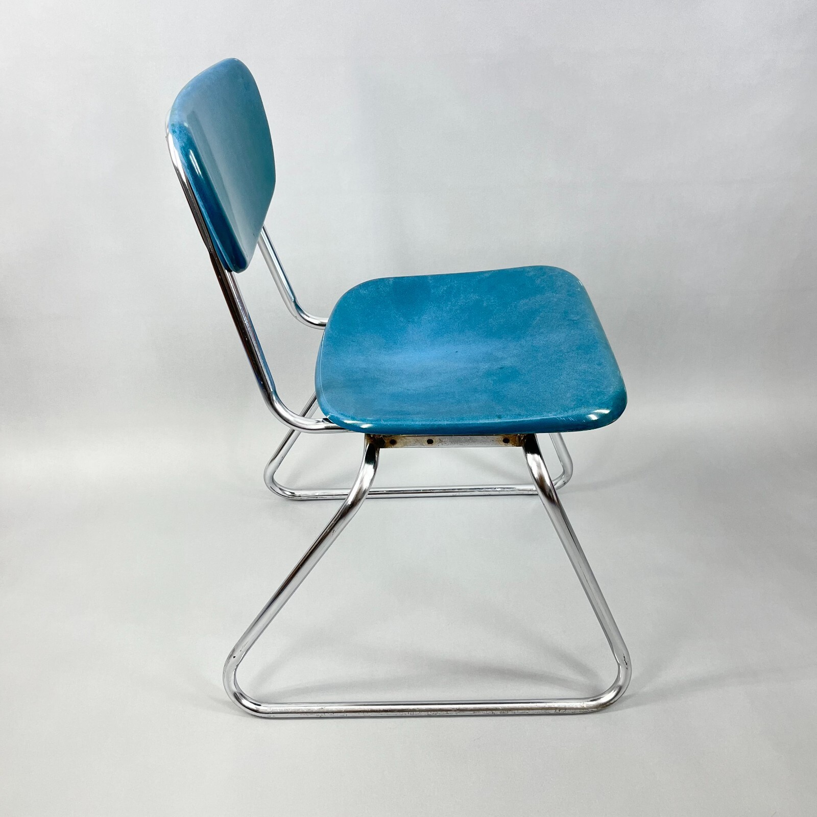 Vintage MCM Stacking Chair VIRCO Blue Teal & Chrome Sleigh Leg (4 Available)