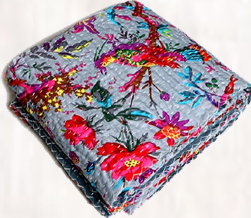 Kantha Bedspread Indian Handmade Bird Print Quilt Throw Cotton Blanket Boho - Picture 5 of 5