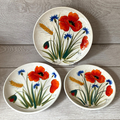 Vintage Nuova Ceramica Vicenza Italy Hand Made Signiert Mohnblumen Wandteller Set 3
