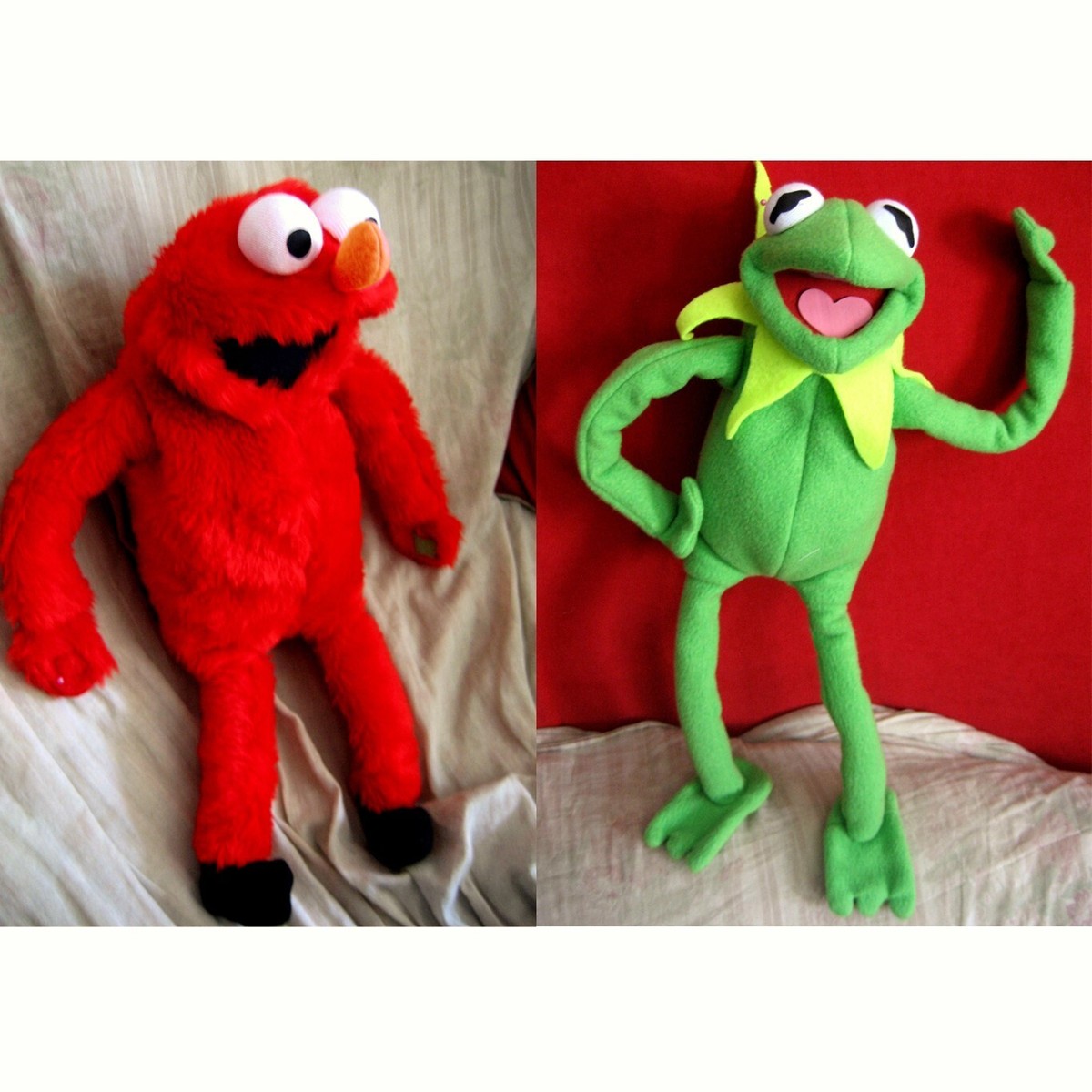 KERMIT & ELMO 2 HAND CRAFTED PUPPET TOY MUPPETS SESAME STREET