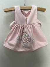 Vtg. Baby girls Pinafore/ Apron pink Corduroy Embroidered Flowers  Bunnies