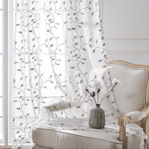 2 Panels Sheer Embroidered Leaf Curtain Voile Tulle Window Drapery Rod Pocket - Picture 13 of 71
