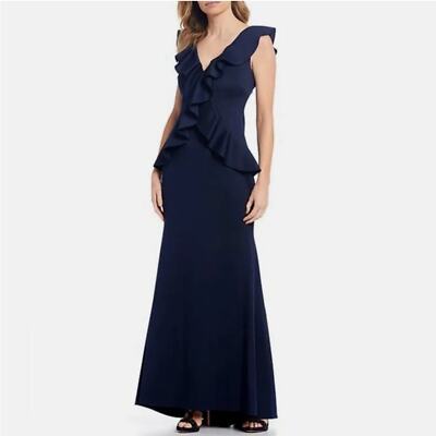 Jessica Howard Ruffled V Neck Navy Scuba Cocktail Evening Gown Size 4P  - Main Image