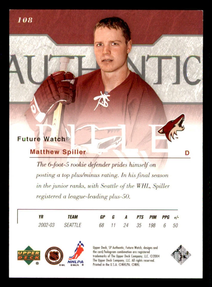 2003-04 SP Authentic #108 Matthew Spiller RC /900 (ref 239744) - Image 2 of 2