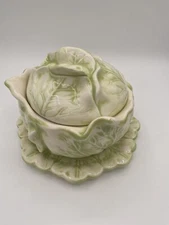 Vtg MCM Holland Mold Lidded Ceramic Cabbage Lettuce Leaf Serving Dish And Plate