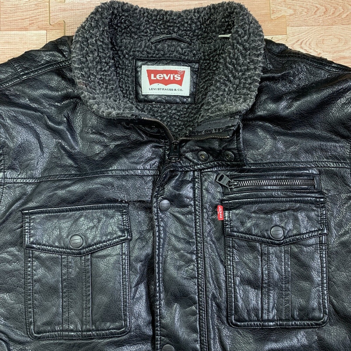 Levi's Faux Leather/Sherpa Jacket Trucker/Moto Men XL Black Biker