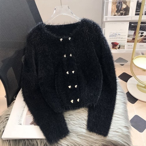 Women Warm Faux Fur Knitted Jumper Sweater Short Cardigan Fluffy Coat Knitwear - Picture 6 of 13