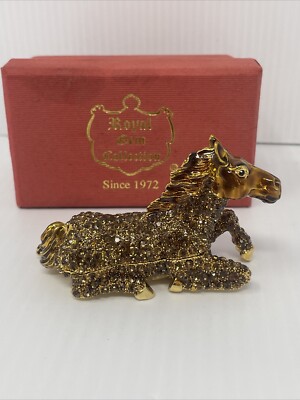 ROYAL GEM COLLECTION Gold Tone Enamel HORSE  Trinket Jewelry Holder Box.B7