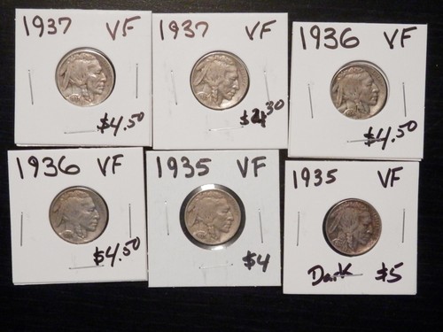 6 Circulated Buffalo Nickels 2-1935, 2-1936 and 2-1937