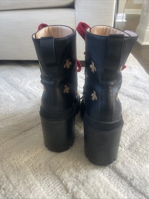 Authentic Gucci Black Leather Bee Star Platform Ankle Boots Red