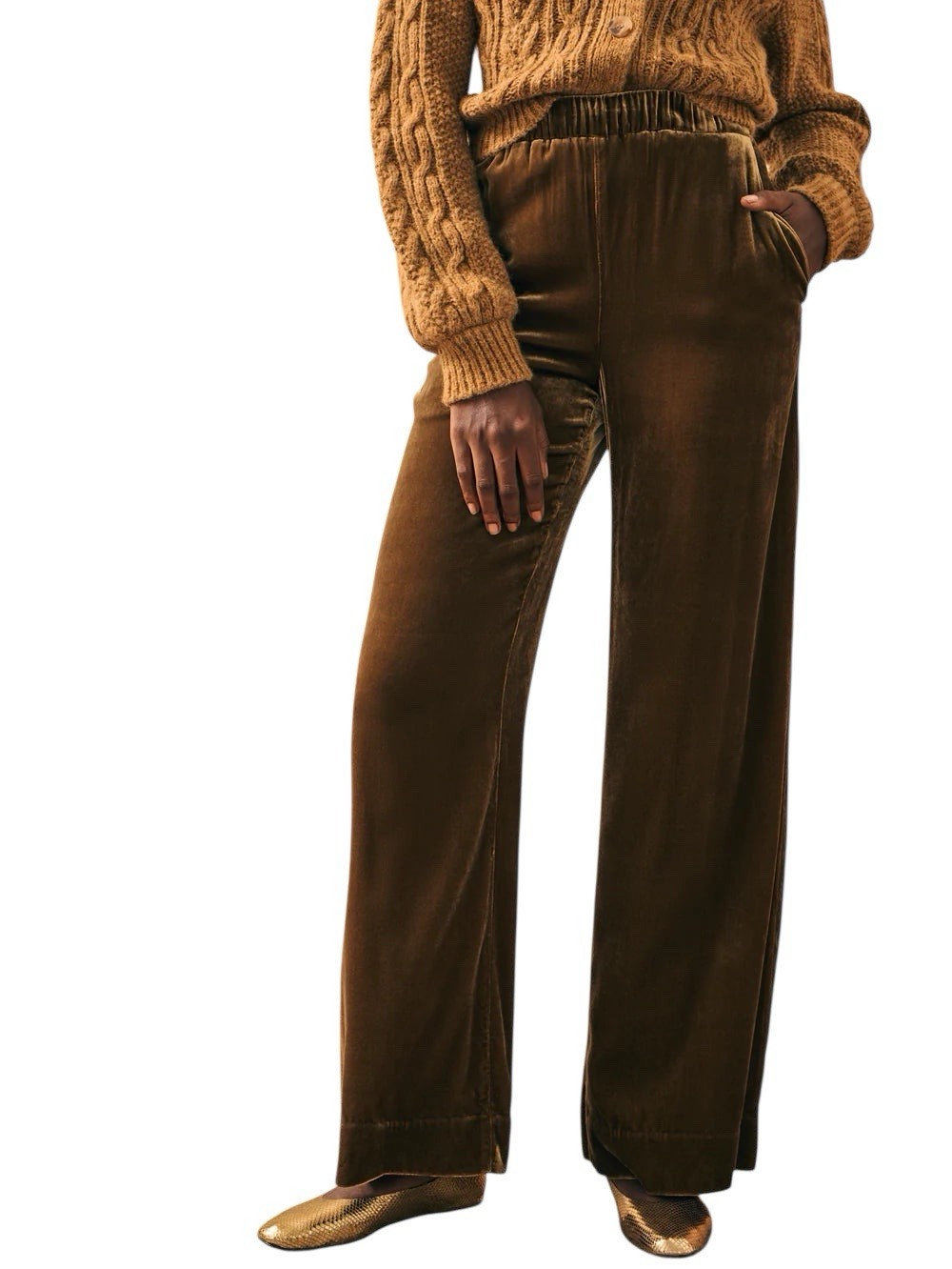 Faherty Women’s Stretch Silk Velvet Genevieve Gold Wide Leg Pants Sz XS NWT image 6