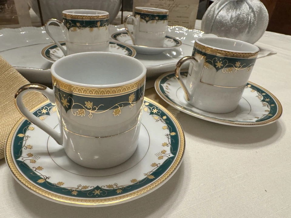 Juego de 4 tazas/platillos de oro verde Porzellanfabrik MCS Tiger Yedi Bavarian Demitasse Foto 2 de 4