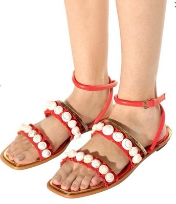 Tory Burch Sinclair Seashell Ankle-WrapSandal, Red, size 6.5M