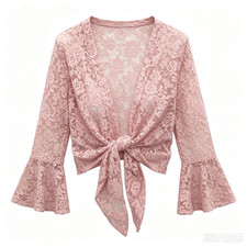 Cardigan Bolero Donna in Pizzo Fiore Con Maniche Lunghe Crop Top Wrap