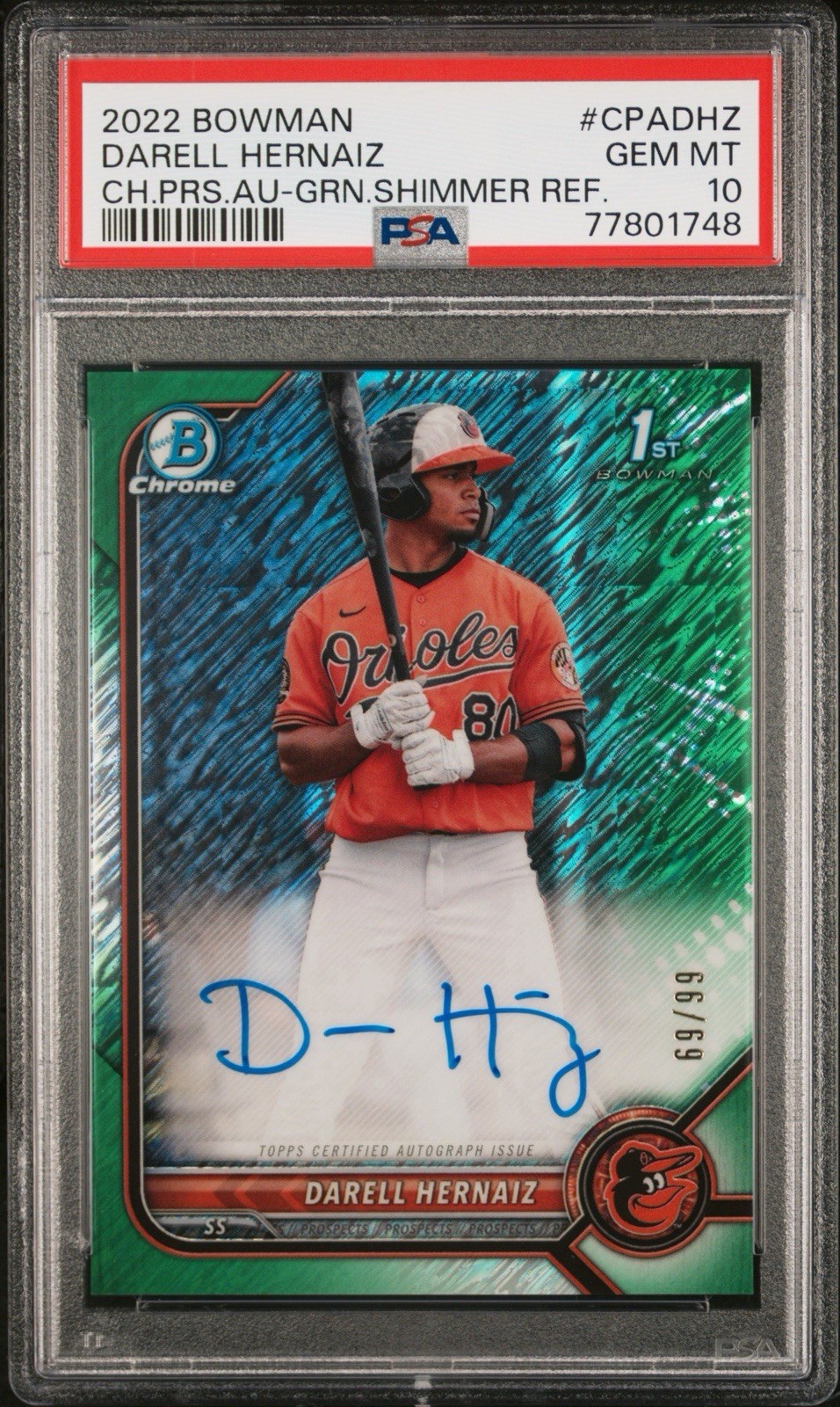 2022 Bowman Chrome Darell Hernaiz Green Shimmer Auto #/99 PSA 10 Rookie RC
